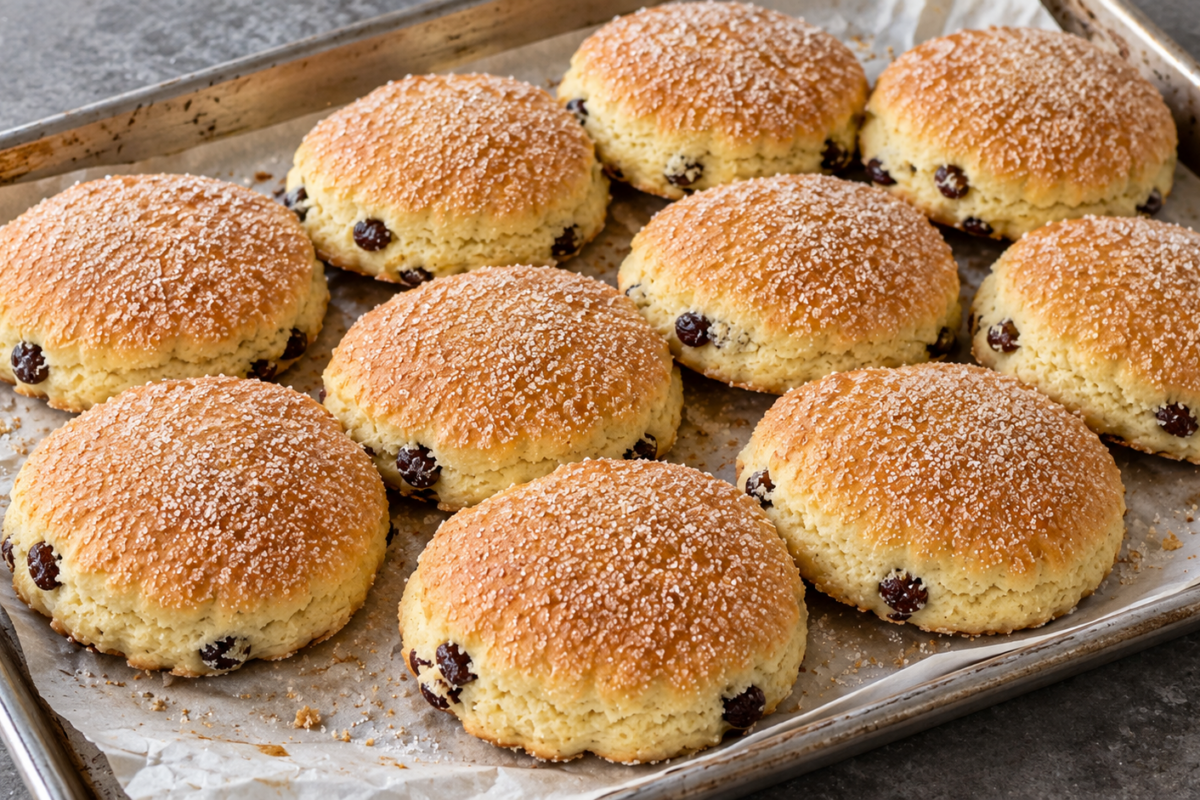 Biscuits ronds moelleux au yaourt et aux raisins secs sur une plaque