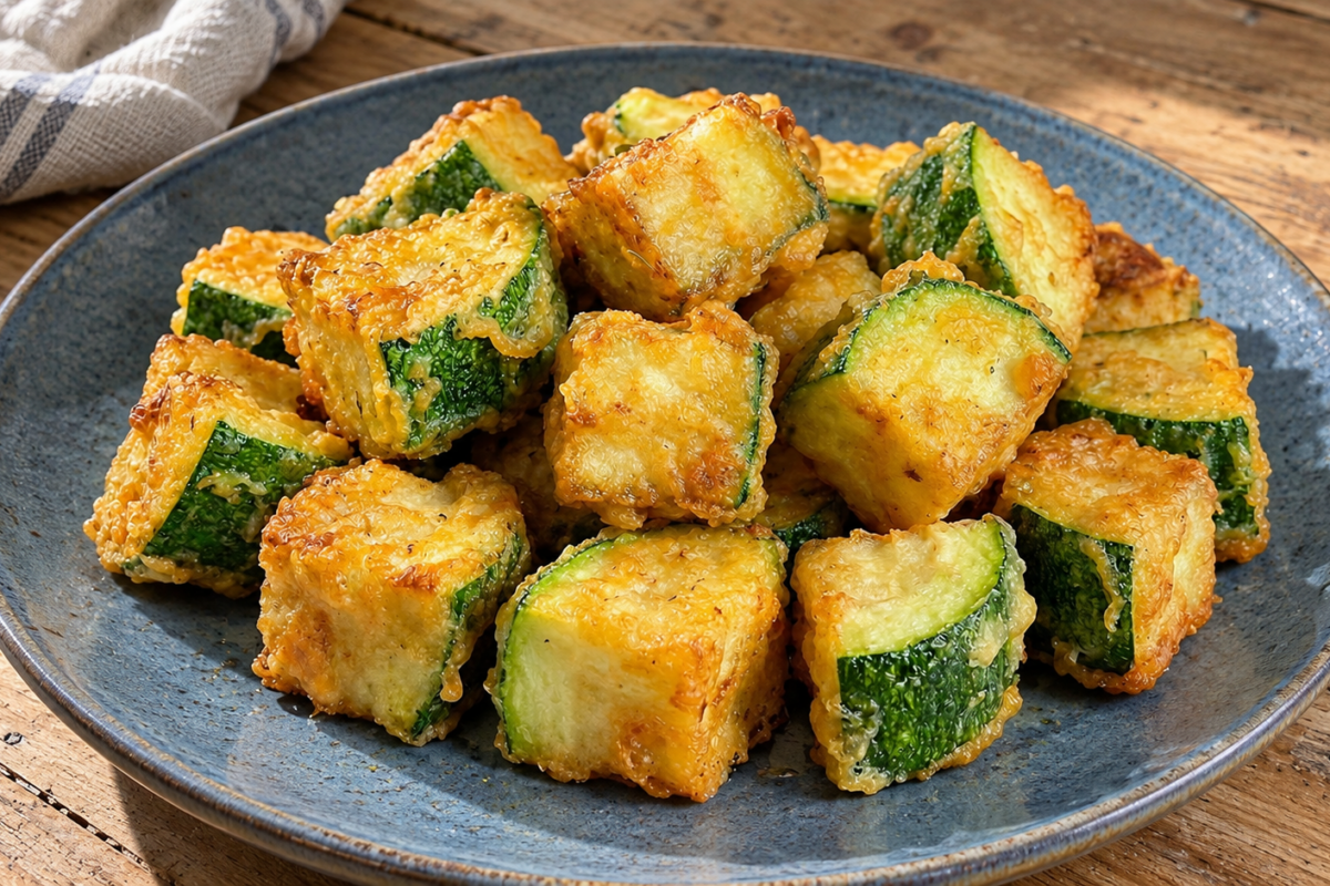 Bouchées de courgette panées et dorées au four avec un bol de sauce