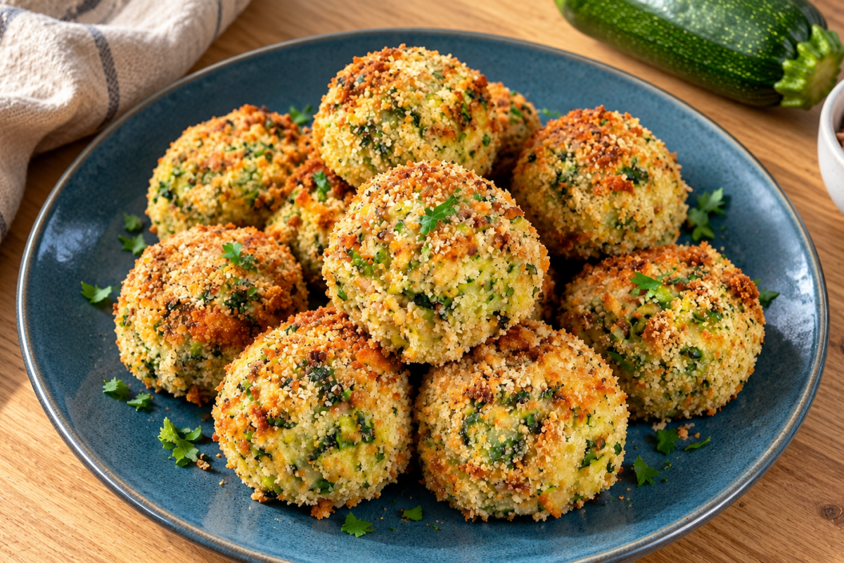 Boulettes de thon et courgette dorées, l'une coupée avec un cœur de mozzarella