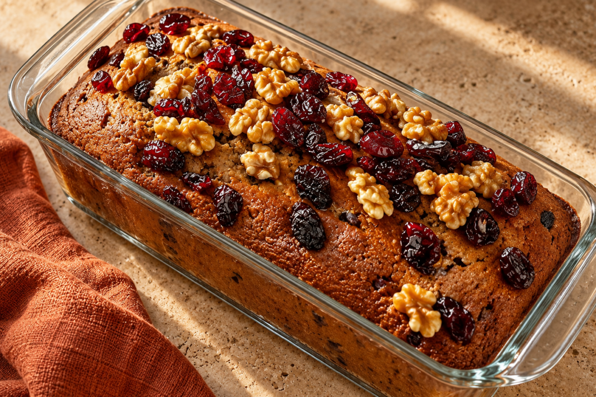 Cake aux flocons d'avoine, yaourt, raisins et noix coupé en tranches