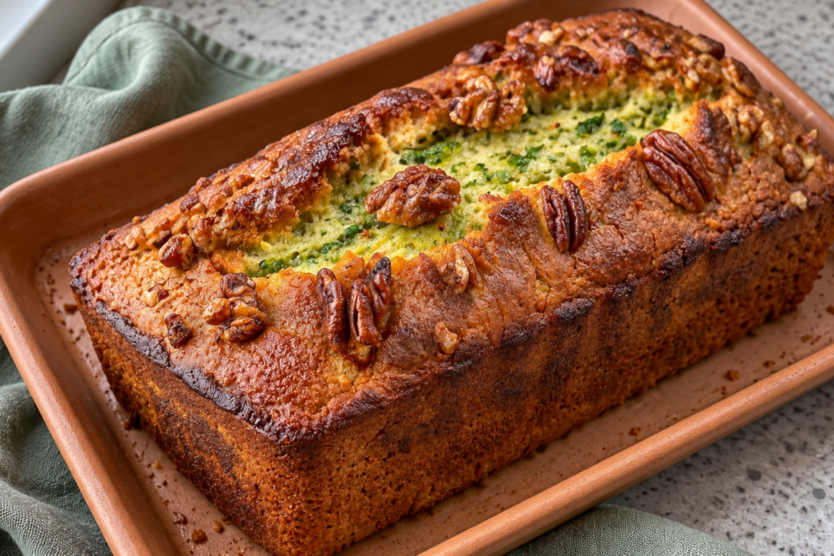 Cake salé à la courgette coupé en tranches avec des noix sur le dessus