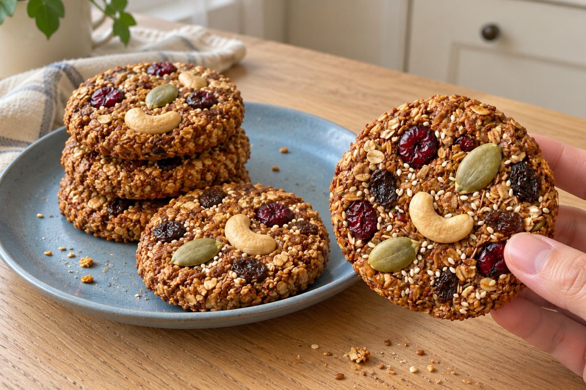Cookies moelleux aux flocons d'avoine, banane et noix sur une grille