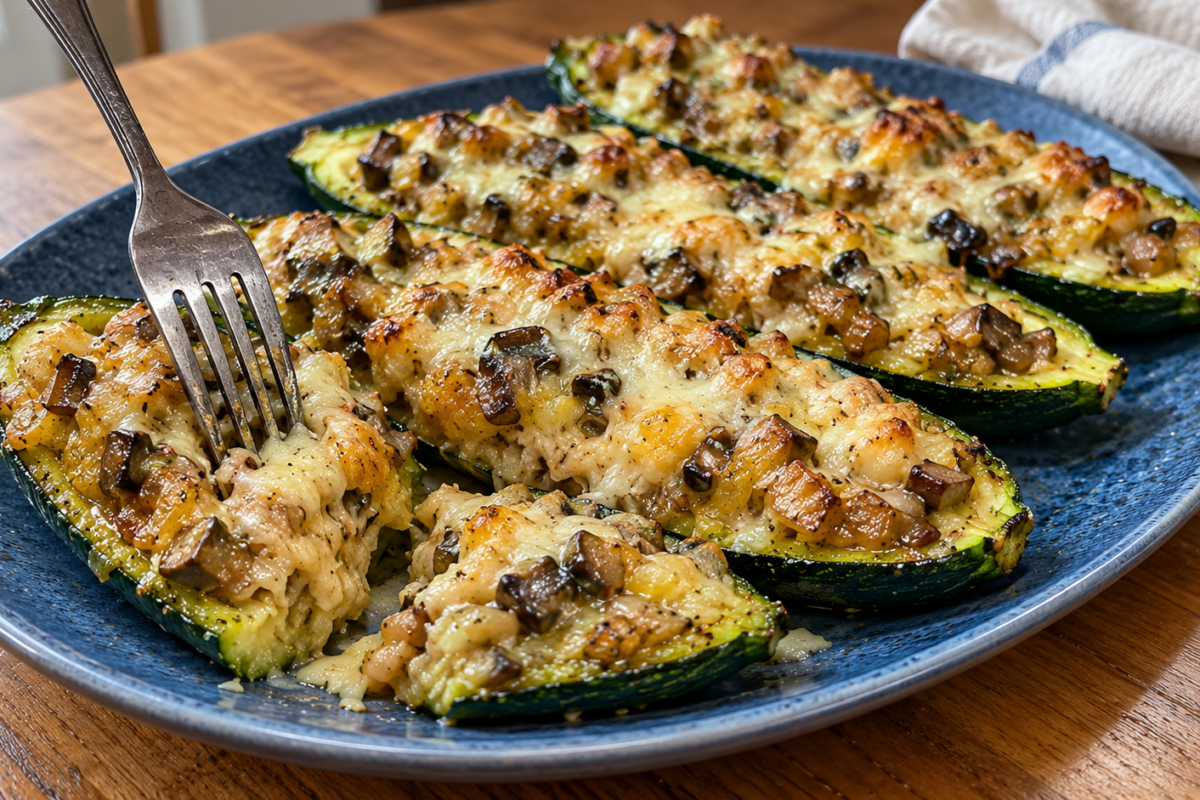 Demi-courgettes farcies aux tomates et au fromage frais, gratinées à la mozzarella