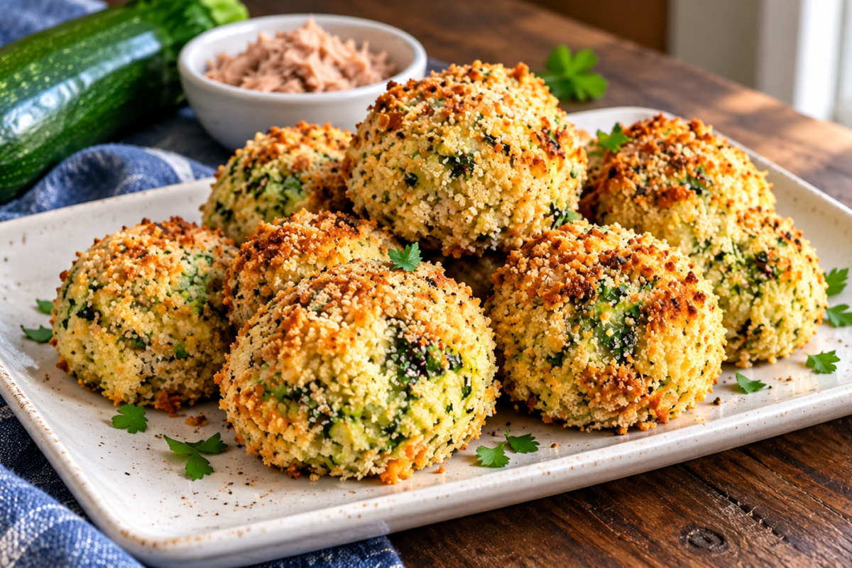 Petites croquettes de thon et courgette panées avec un bol de sauce au yaourt