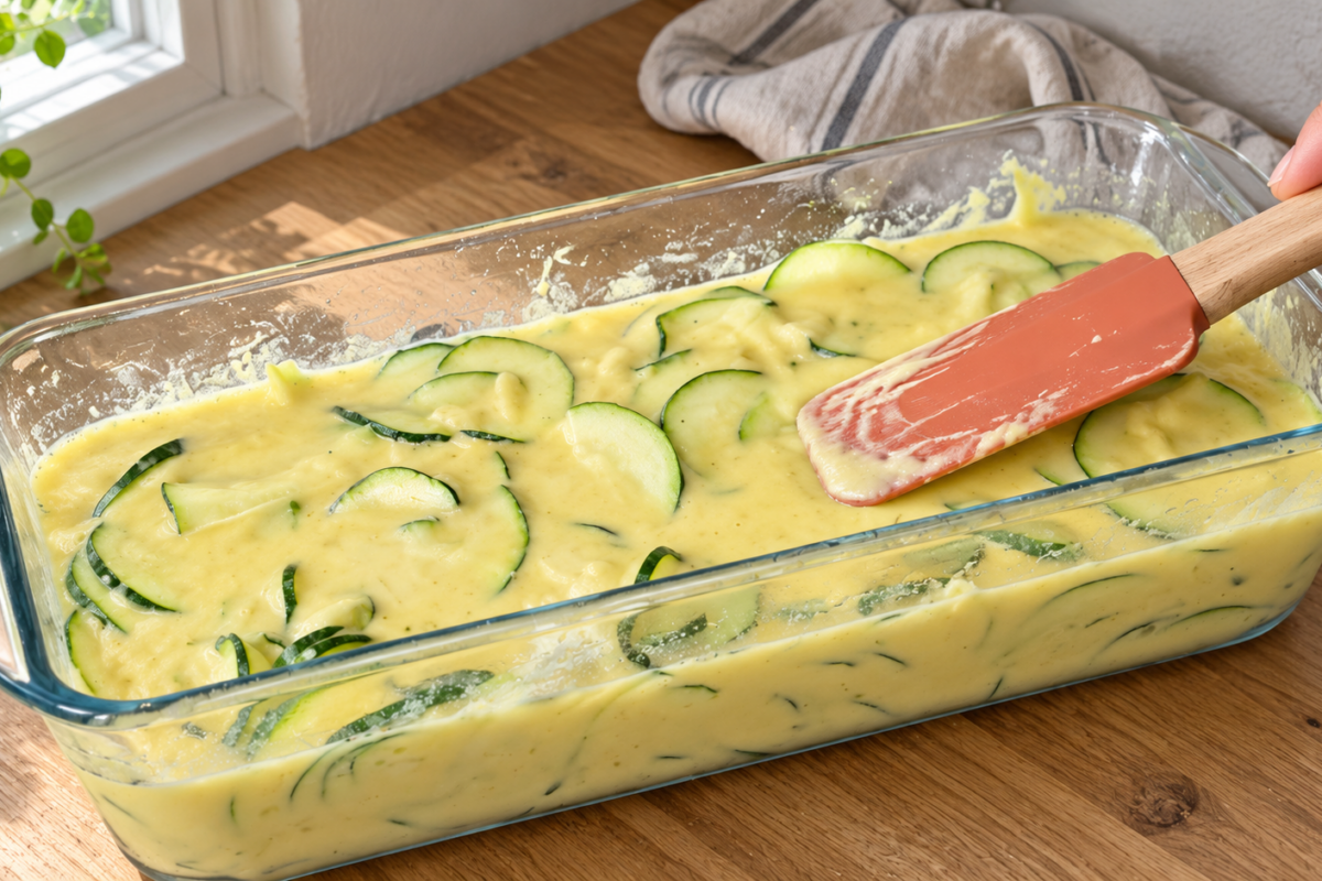 Part de flan de courgettes au fromage et aux herbes dans un plat