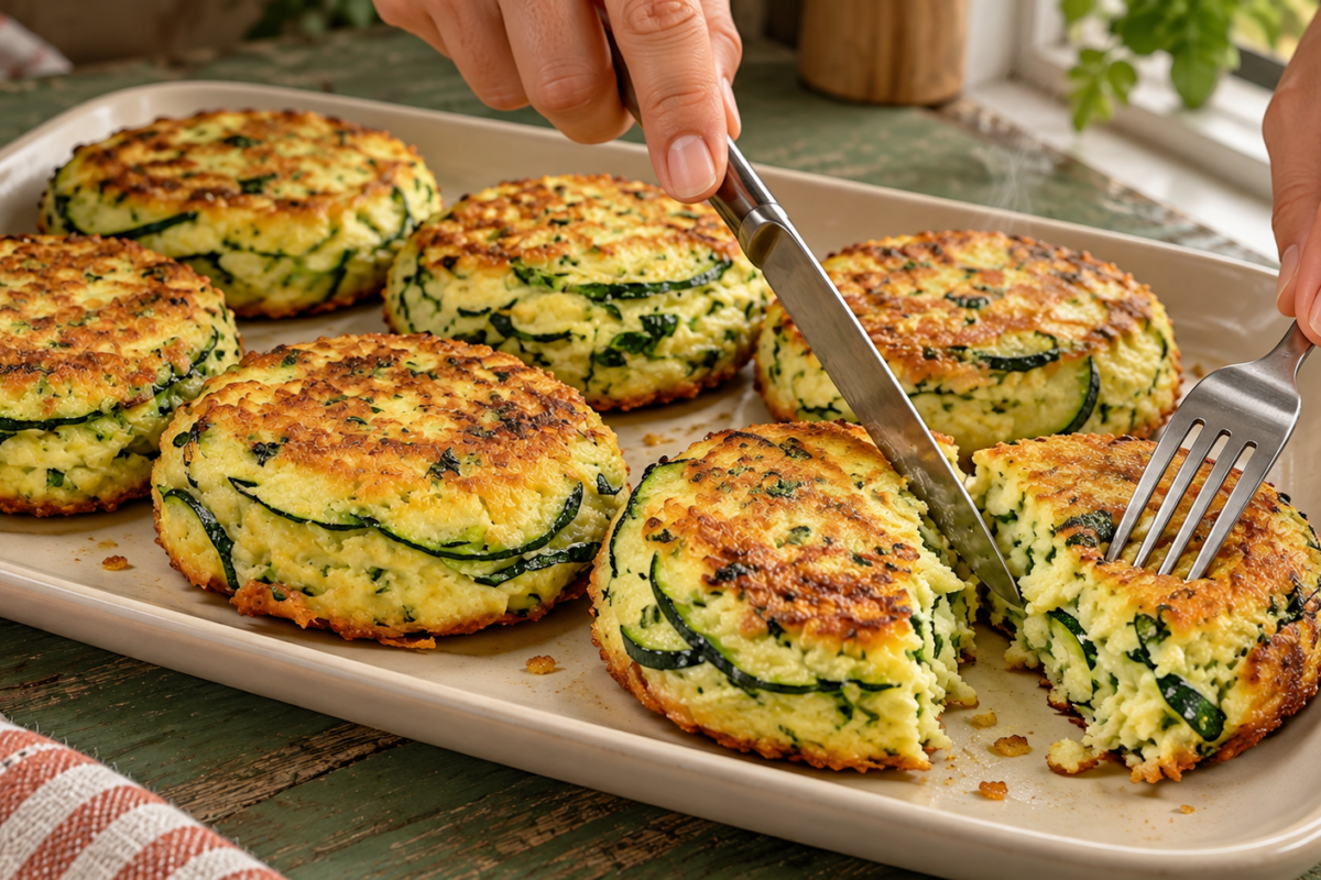 Galettes rondes de courgette aux flocons d'avoine dorées sur une plaque