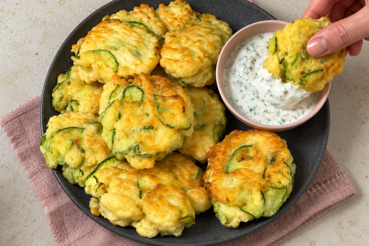 Galettes dorées aux rondelles de courgette avec une sauce au yaourt et à l'aneth