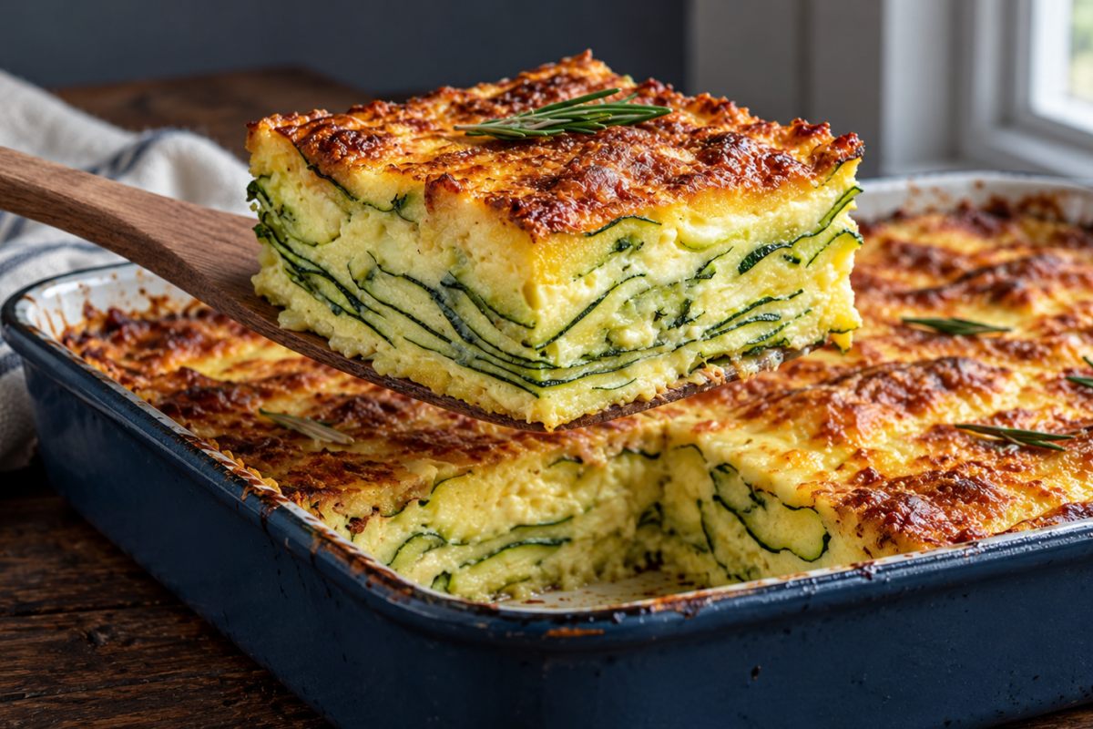 Part de gratin de courgettes en couches avec tomates, ricotta et fromage gratiné