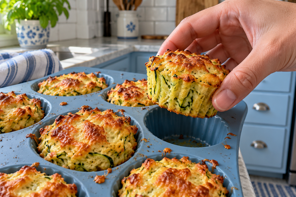 Muffins salés de courgette à l'avoine et au fromage dorés dans un moule