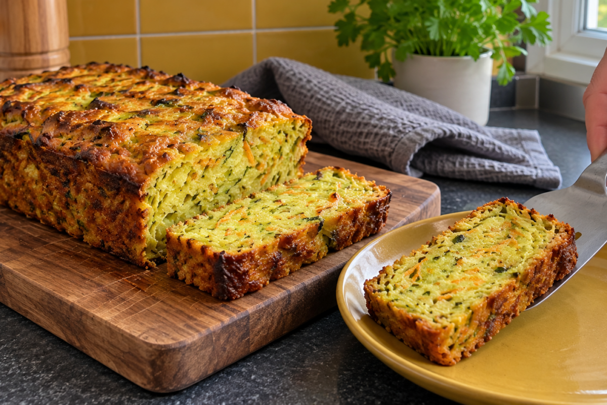 Pain salé de courgette aux flocons d'avoine coupé en tranches épaisses
